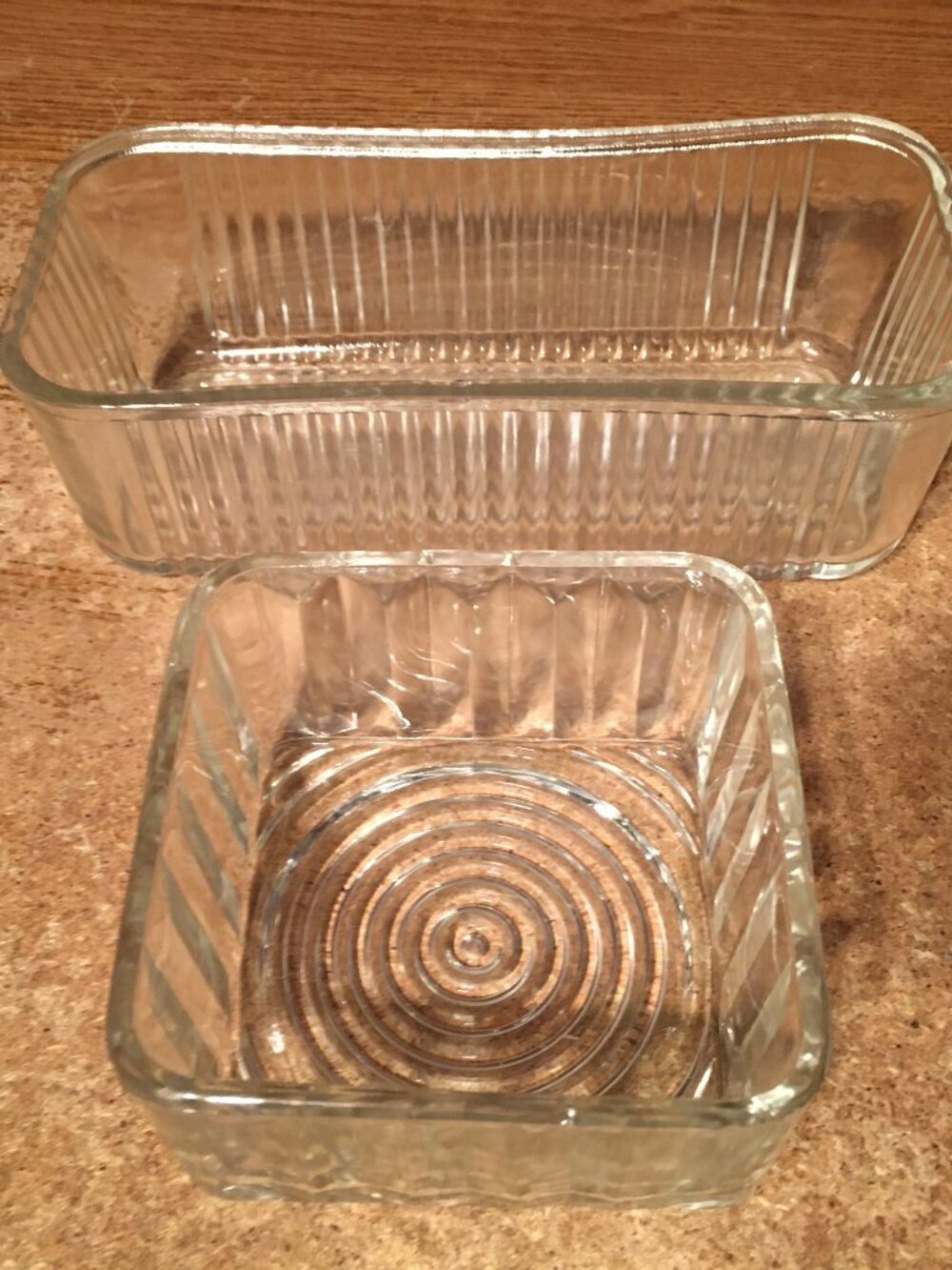 SQUARE CLEAR RIBBED GLASS BOWL & FEDERAL GLASS RIBBED CLEAR REFRIGERATOR DISH